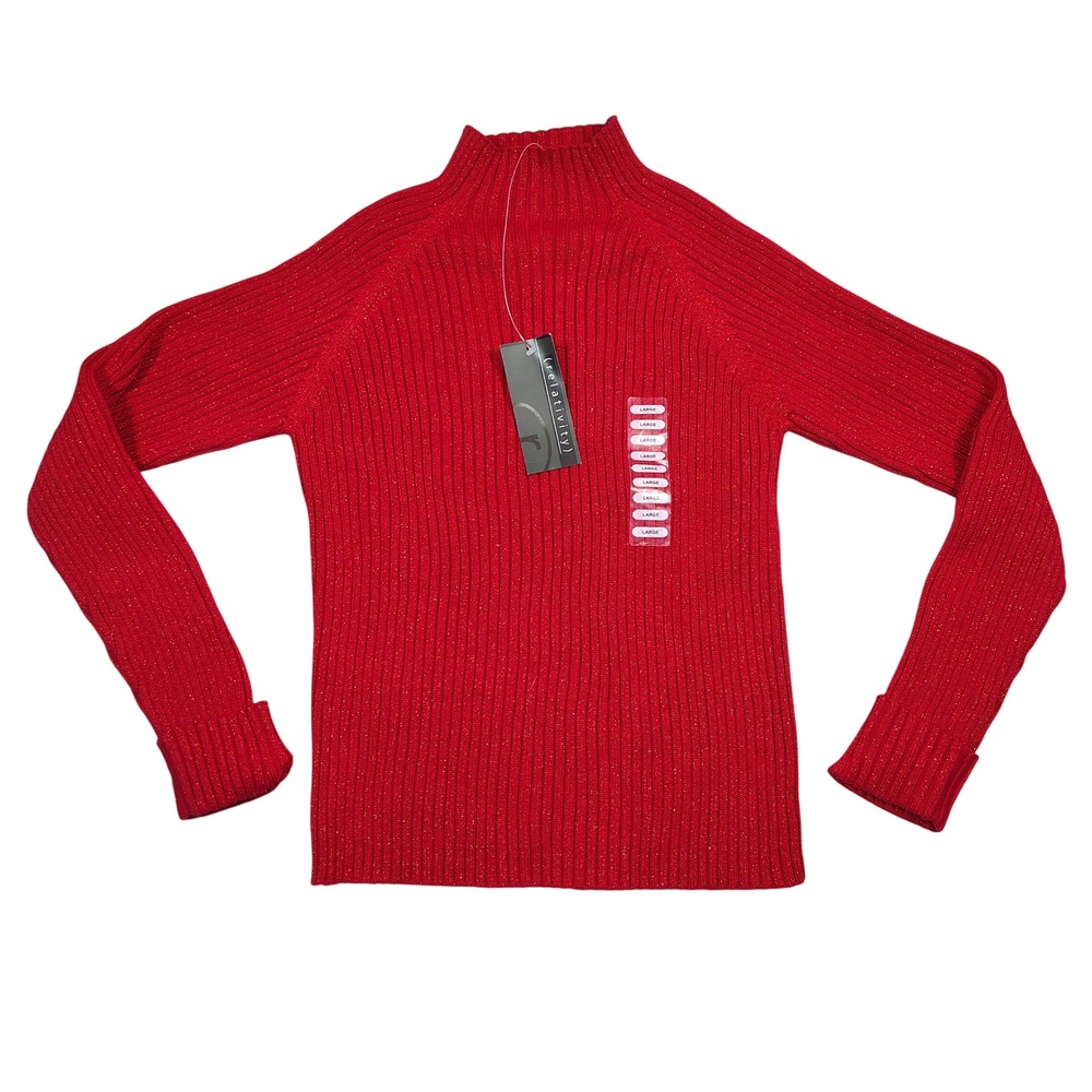 Relativity Sweater Women L‎ Red Mock Neck Metallic Ribbed Knit Cotton R4814L